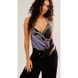 Free People Black and Lavender Floral Sheer Bodysuit